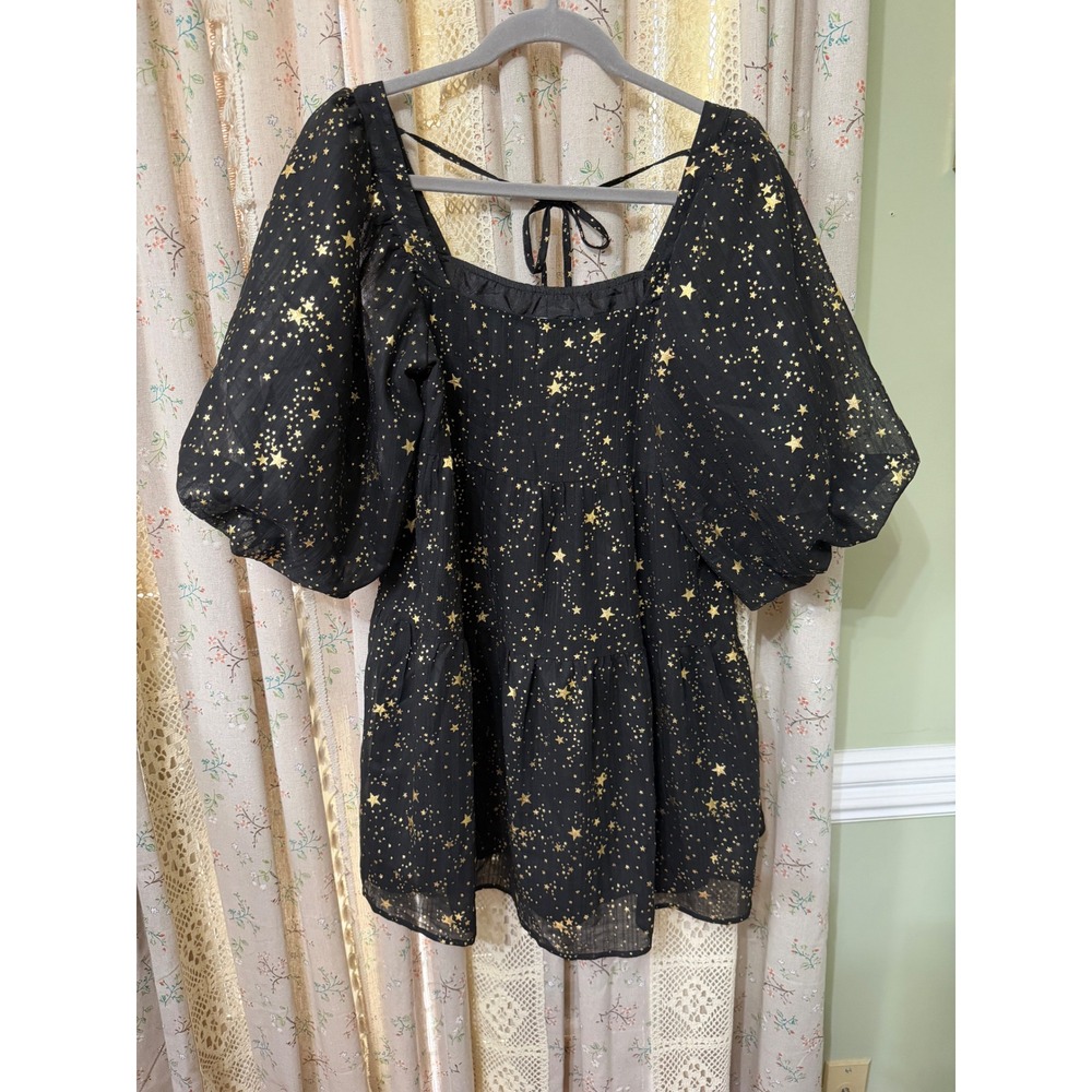 Nasty Gal Star Galaxy Mini Dress US 0 Black Gold Puff Sleeve Square Neck